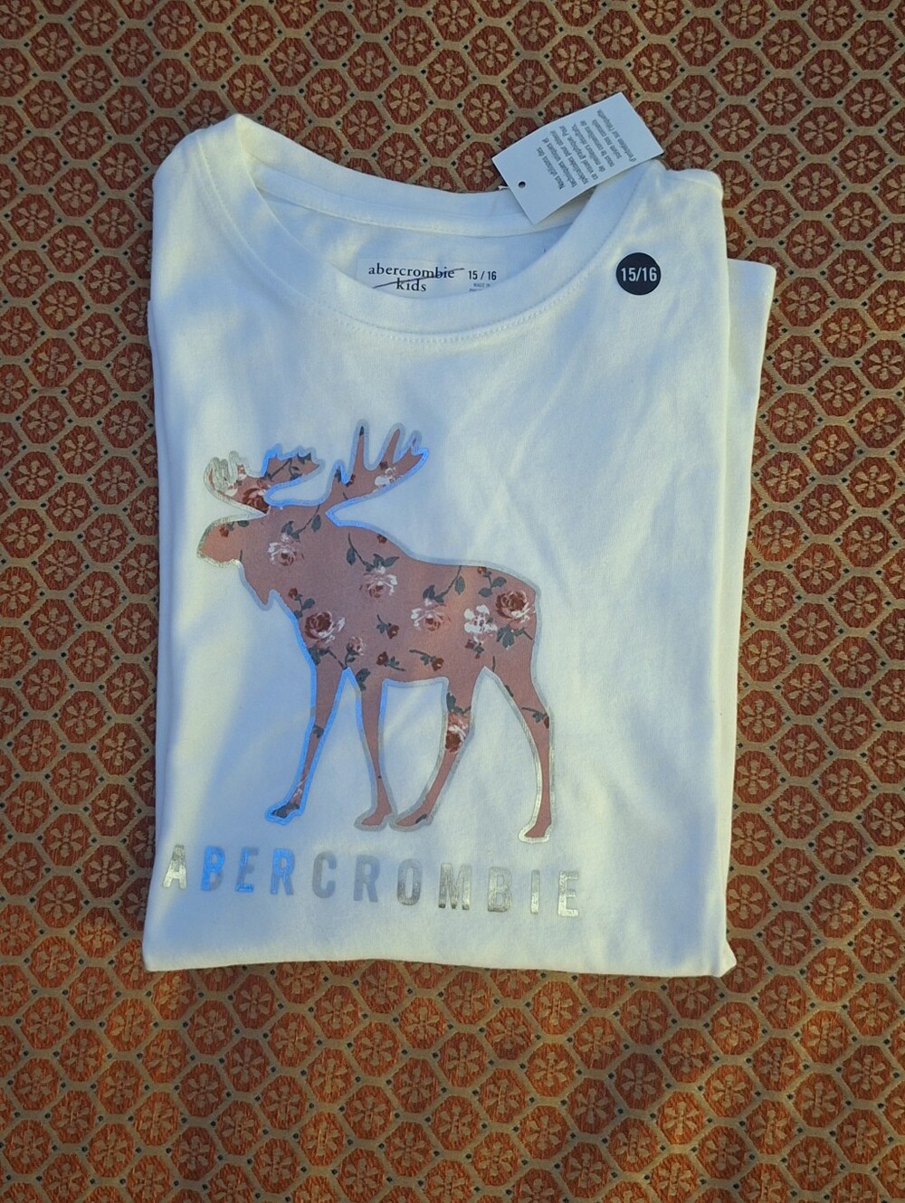 abercrombie kids White Tee with Pink Floral Moose and Silver Logo